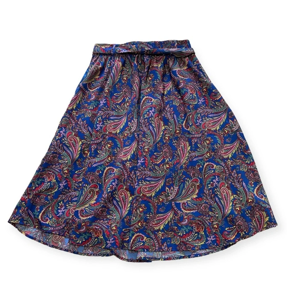 ModCloth Navy Paisley Sash-Tie A-Line Skirt Pockets Size M. - Picture 4 of 4